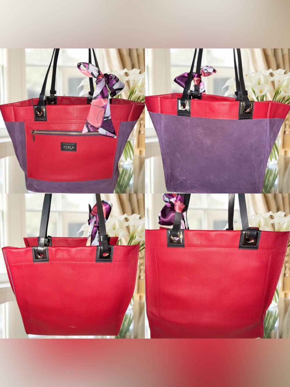 Furla Tribe REVERSIBLE Tote Bag Red Purple Suede Leather Made In Italy - Picture 2 of 10